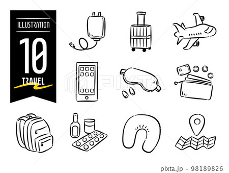 旅をモチーフにした手描き風のポップなアイコンイラスト10点セット 98189826