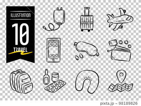 旅をモチーフにした手描き風のポップなアイコンイラスト10点セット 98189826