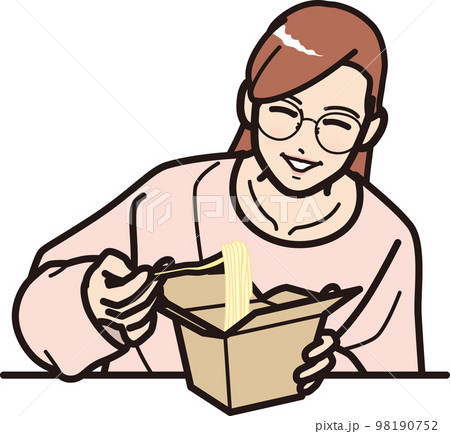 テイクアウトボックスのパスタを食べるメガネ女子 98190752