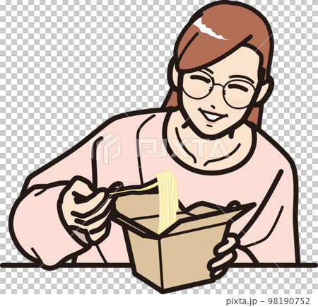 テイクアウトボックスのパスタを食べるメガネ女子 98190752