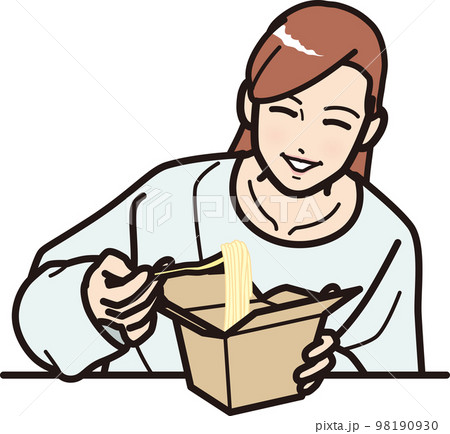 テイクアウトボックスのパスタを食べる女性 98190930