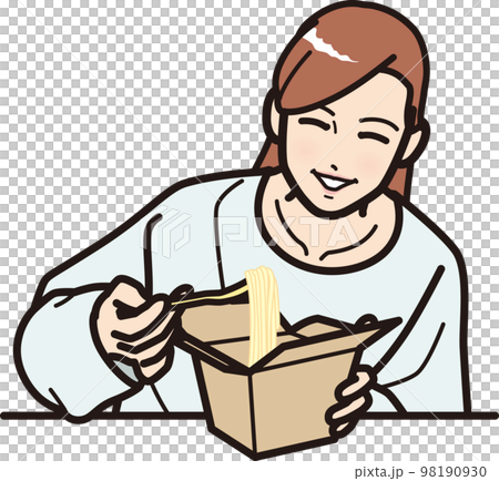 テイクアウトボックスのパスタを食べる女性 98190930