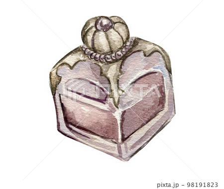 Watercolor illustration of an old glass bottles with perfume. An old rusty enamel element. Hand-drawn in watercolour on a white background. Perfect for wedding invitation, greetings card, posters. Watercolor illustration of an old glass bottles with perfume. An old rusty enamel element. Hand-drawn in watercolour on a white background. Perfect for wedding invitation, greetings card, posters. 98191823