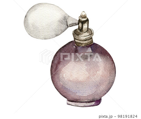 Watercolor illustration of an old glass bottles with perfume. An old rusty enamel element. Hand-drawn in watercolour on a white background. Perfect for wedding invitation, greetings card, posters. Watercolor illustration of an old glass bottles with perfume. An old rusty enamel element. Hand-drawn in watercolour on a white background. Perfect for wedding invitation, greetings card, posters. 98191824