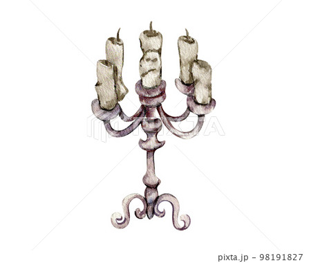 Watercolor illustration of an old metallic andelabrum  with candle.An old rusty enamel element. Hand-drawn in watercolour on a white background.Perfect for wedding invitation, greetings card, posters. 98191827