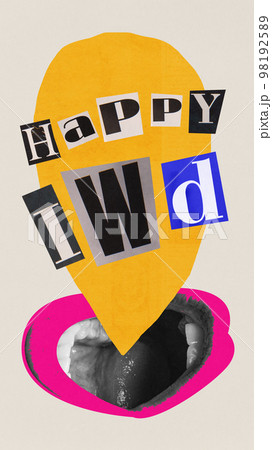 Creative colorful modern art collage. Female shouting mouth and letters. Concept of spring summer holiday, women's day, beauty. Poster in applique style, children's drawing 98192589