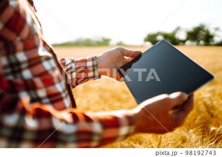 Tablet in the hands of a farmer. Smart farm. Farmer checking his crops on an agricultural field. 98192743