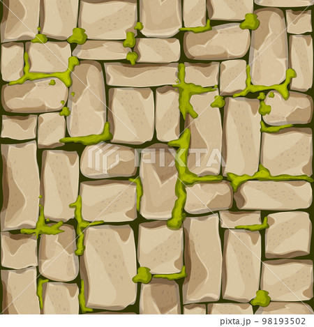 Stone wall, pavement from bricks, rocks with moss , game background in cartoon style, seamless textured surface. Ui game asset, road or floor material 98193502