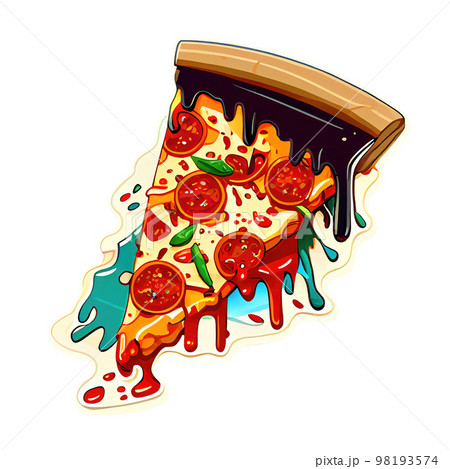 Pizza Italian dish with tomato sauce, cheese, and various toppings. Cartoon sticker pizza. 98193574