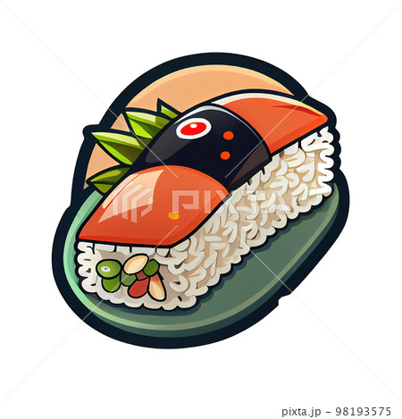 Cartoon sticker Sushi Japanese dish of raw fish and rice rolls 98193575