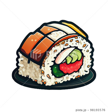 Cartoon sticker Sushi Japanese dish of raw fish and rice rolls 98193576
