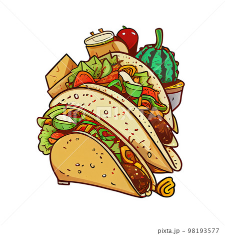 Tacos Mexican dish of a tortilla filled with various meats, vegetables and toppings. Cartoon sticker Tacos Mexican dish of a tortilla filled with various meats, vegetables and toppings. Cartoon sticker 98193577