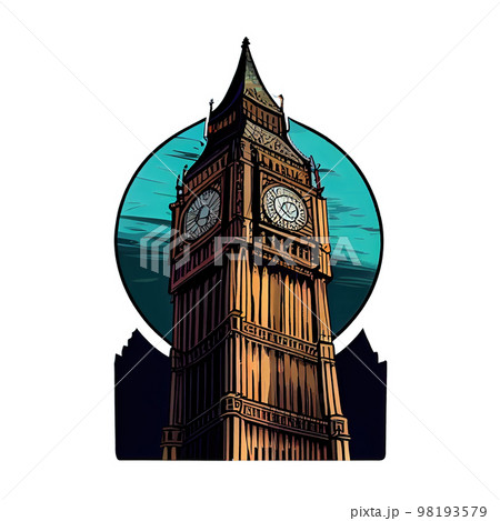 Cartoon sticker depicts the Big Ben with its famous clock face and bell tower in London 98193579