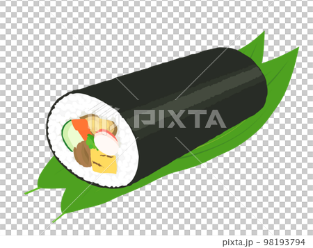 A roll of futomaki sushi placed on a bamboo leaf A roll of futomaki sushi placed on a bamboo leaf 98193794