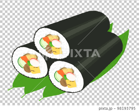 Three futomaki sushi rolls on a bamboo leaf 98193795
