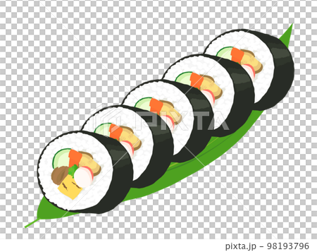 5 slices of futomaki sushi arranged on a bamboo leaf 5 slices of futomaki sushi arranged on a bamboo leaf 98193796