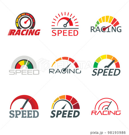 Speedometer level indicator logo set. Flat illustration of 9 speedometer level indicator vector logotypes for web 98193986