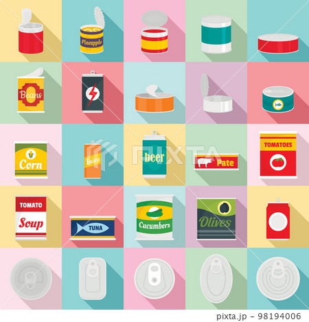 Tin can food package jar icons set. Flat illustration of 25 tin can food package jar vector icons for web Tin can food package jar icons set. Flat illustration of 25 tin can food package jar vector icons for web 98194006