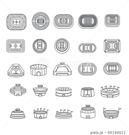 Arena stadium sport scene icons set. Outline illustration of 25 arena stadium sport scene vector icons for web Arena stadium sport scene icons set. Outline illustration of 25 arena stadium sport scene vector icons for web 98194021