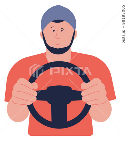 Hipster driving. Young man hold steering wheel 98195005