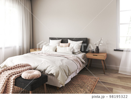 Bedroom interior mockup in boho style with wooden floor and table. Bed with white blanket, pink pillows and cushion on empty wall mock up background. 3d rendering. High quality 3d illustration Bedroom interior mockup in boho style with wooden floor and table. Bed with white blanket, pink pillows and cushion on empty wall mock up background. 3d rendering. High quality 3d illustration 98195322