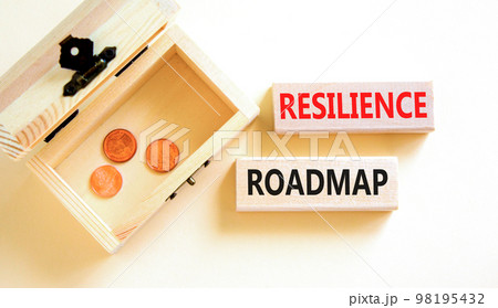 Resilience roadmap symbol. Concept word Resilience roadmap typed on wooden blocks. Beautiful white table white background. Wooden chest with coins. Business and resilience roadmap concept. Copy space. 98195432