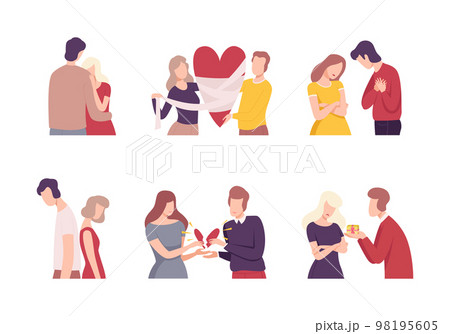 Set of couples trying to restore broken heart. Man and woman characters solving problems to return their love. Relationship concept flat vector illustration 98195605