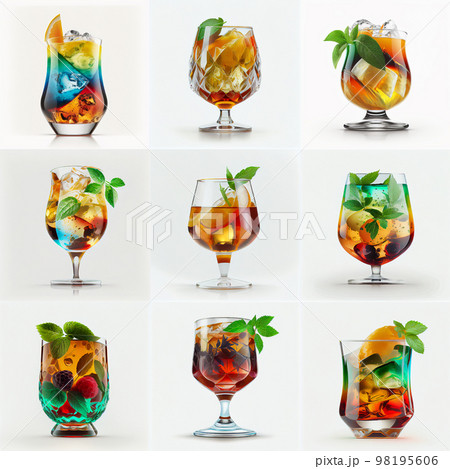 Set of 9 pcs alcoholic cocktails on white background 98195606