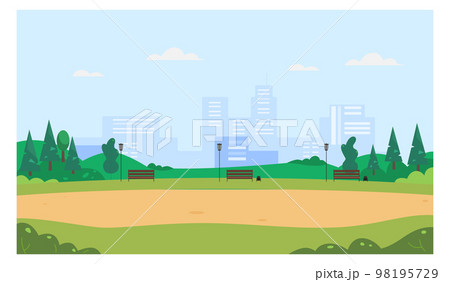 Park landscape with city buildings silhouettes on background Park landscape with city buildings silhouettes on background 98195729