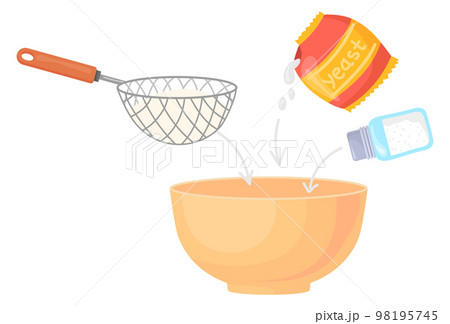 Dough preparation. Mixing ingredients in bowl. Cartoon recipe icon Dough preparation. Mixing ingredients in bowl. Cartoon recipe icon 98195745