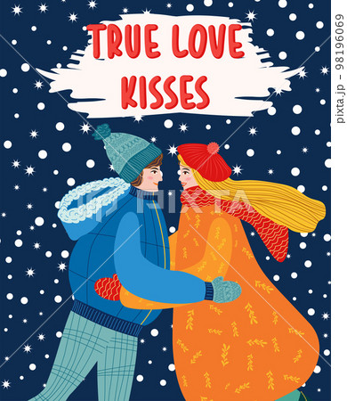 Flat hand drawn valentines day greeting card. Loving couple of young man and woman 98196069