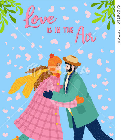 Flat hand drawn valentines day greeting card. Loving couple of young man and woman Flat hand drawn valentines day greeting card. Loving couple of young man and woman 98196075