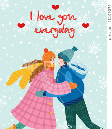 Flat hand drawn valentines day greeting card. Loving couple of young man and woman Flat hand drawn valentines day greeting card. Loving couple of young man and woman 98196076