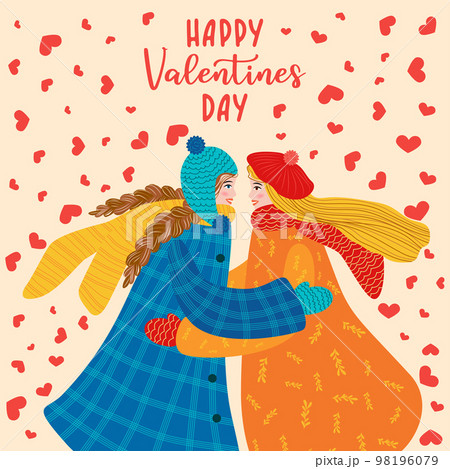 Flat hand drawn valentines day greeting card. Loving couple of young gay men, lesbian women 98196079