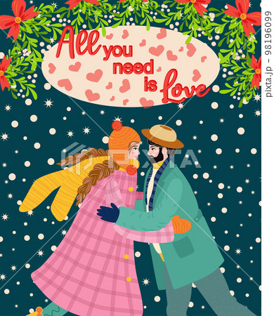 Flat hand drawn valentines day greeting card. Loving couple of young man and woman Flat hand drawn valentines day greeting card. Loving couple of young man and woman 98196099