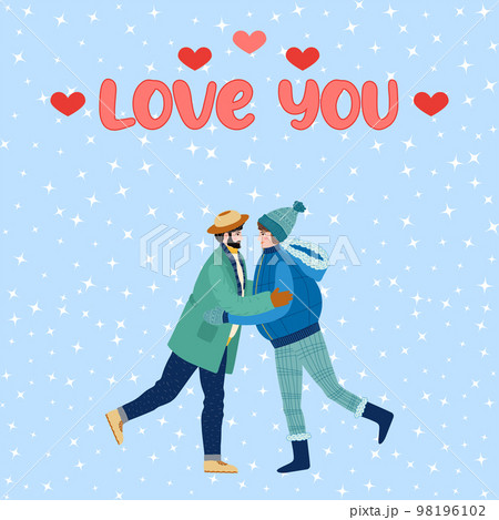 Flat hand drawn valentines day greeting card. Loving couple of young gay men, lesbian women 98196102