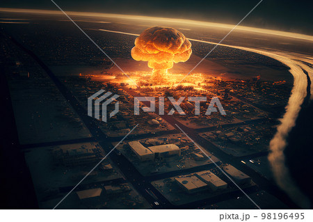 nuclear explosion in the city top view. Generative AI 98196495