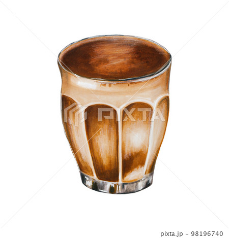 Watercolor sweet raff coffee illustration in a porcelain cup. Hand painting on a white isolated background. For designers, menu, shop, bar, bistro, restaurant, for postcards, wrapping paper, covers 98196740