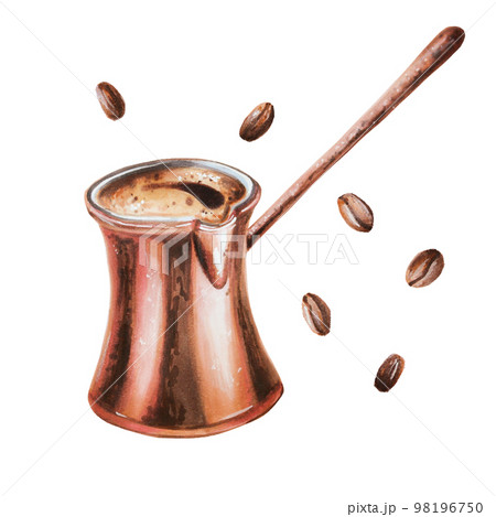 Watercolor brass cezve for coffee illustration with coffee beens. Hand painting on a white isolated background. For designers, menu, shop, bar, bistro, restaurant, for postcards, wrapping paper Watercolor brass cezve for coffee illustration with coffee beens. Hand painting on a white isolated background. For designers, menu, shop, bar, bistro, restaurant, for postcards, wrapping paper 98196750