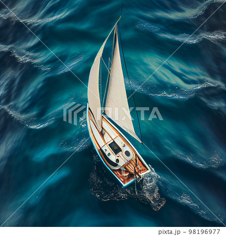 Ocean birds eye view small sailboat floats. Illustration Generative AI 98196977