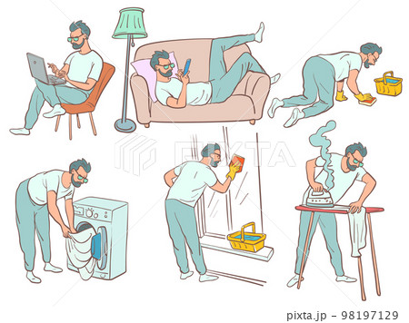 The man does household chores. working on a laptop. resting on the sofa. washes the floors. is washing clothes in a washing machine. washes windows and a balcony. ironing clothe 98197129