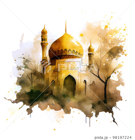 Watercolor Beautiful Painted Islamic Mosqueのイラスト素材