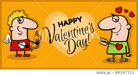 Valentines Day design with cartoon cupid and guy in love 98197512