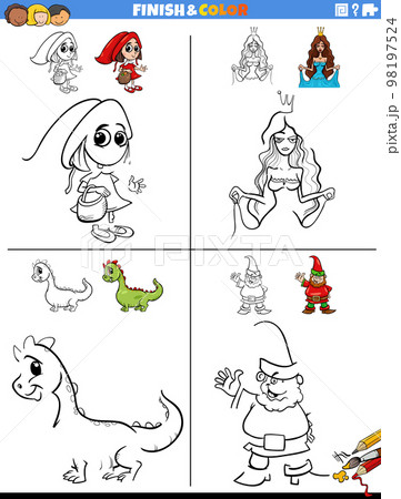 drawing and coloring worksheet with fantasy characters drawing and coloring worksheet with fantasy characters 98197524
