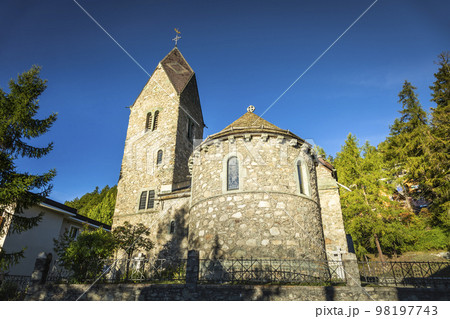 Stone church in St Moritz, Engadine valley, Swiss Alps, Switzerland Stone church in St Moritz, Engadine valley, Swiss Alps, Switzerland 98197743