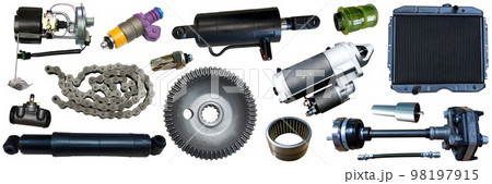 Auto parts on a white background. A set with many isolated items for a store or secondary market.	 98197915