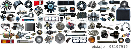 Auto parts on a white background. A set with many isolated items for a store or secondary market.	 98197916