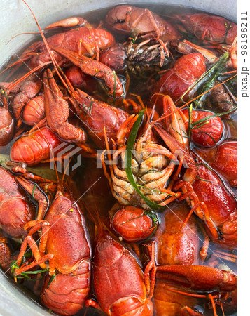 Cooking freshwater crayfish. Crawfish boil in boiling water, close-up. Cooking freshwater crayfish. Crawfish boil in boiling water, close-up. 98198211