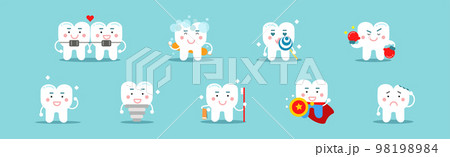 Dental Hygiene with White Teeth on Blue Background Vector Set 98198984