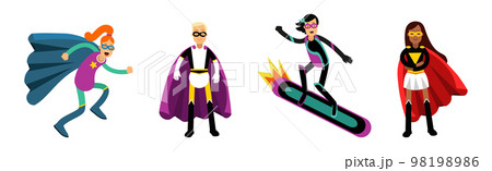 Man and Woman Superhero Wearing Cape Having Super Power Vector Set 98198986